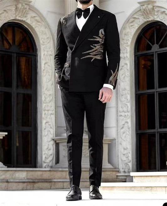 Men Pants Suits Set Blazer Jacket 2 Pcs Beaded Wedding Tuxedo Prom Dress Office Business Coat Custom Made Jacket Trousers