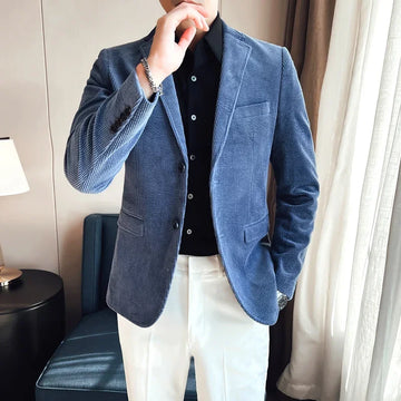 Men's Blue Corduroy Blazer Single Breasted Casual Jacket