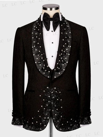 Trajes de hombre de 3 piezas, blazer, chaleco, pantalones, perlas, abalorios, diamantes, un botón, para graduación, esmoquin formal, boda, novio, talla grande, a medida.