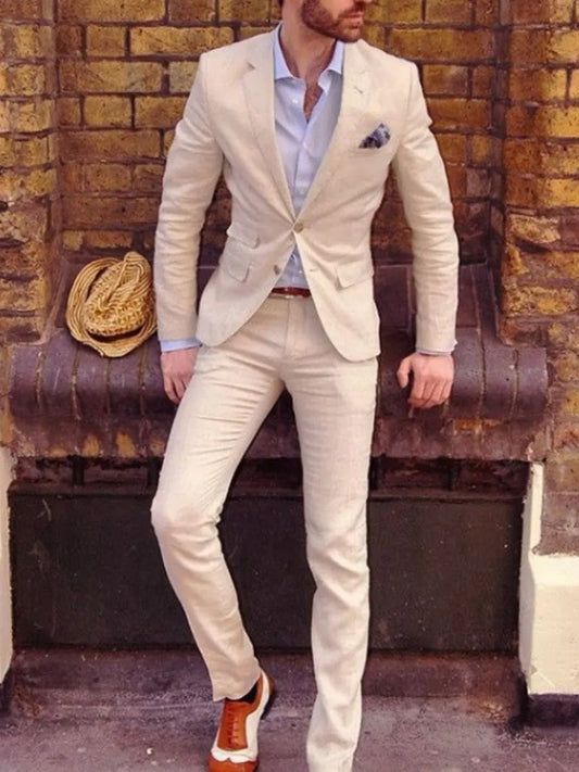 Trajes de hombre de lino blanco marfil, traje personalizado de corte entallado para boda, novio, esmoquin para ocasión formal, chaqueta y pantalón, 2 piezas