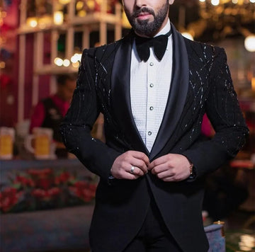 Trajes de hombre a medida, 2 piezas, blazer, pantalón, un botón, con cuentas, lentejuelas, satén, solapa, para negocios, boda, talla grande, a medida