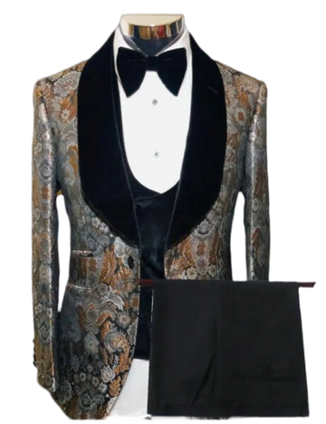 Costume homme en velours avec châle et motif floral, blazer à un bouton, costume d'affaires formel, smoking de mariage (blazer, gilet et pantalon), costumes pour hommes