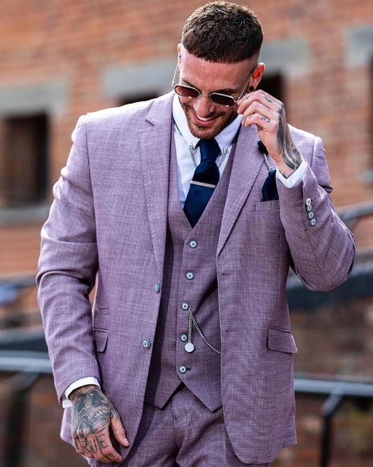 Traje de 3 piezas para hombre, color morado, con botonadura sencilla, estampado, entallado, para padrinos de boda (chaqueta, pantalón y chaleco)