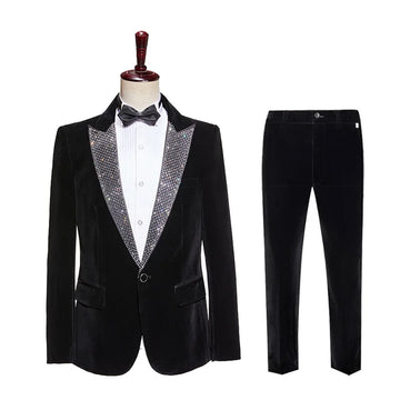 Costume homme en velours noir, costume de mariage, banquet, soirée, smoking, strass, col à revers, blazer, pantalon, ensemble 2 pièces