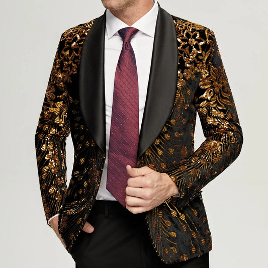Blazer à paillettes dorées pour homme, coupe slim, un bouton, costume de soirée, mariage, scène
