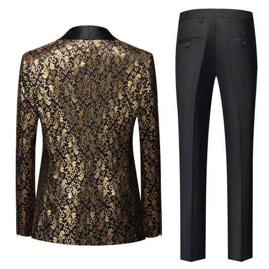 Costume 2 pièces de luxe en jacquard doré pour homme, tenue de soirée, de banquet, de mariage