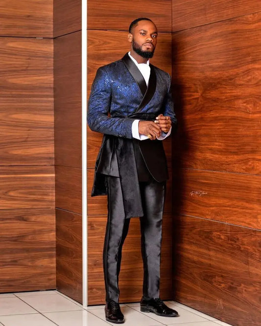 Men's Royal Blue Satin Pants Suits With long Cape Formal Party Wear 3 Pieces Wedding Tuxedos