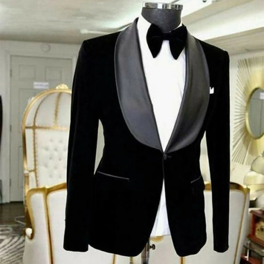 Costume homme deux pièces à revers châle, un bouton, veste en velours et pantalon noir, marié, festival, fête, dîner formel, mariage, bal de promo