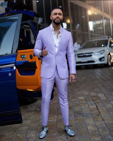 Traje de solapa chal para hombre, dos piezas, chaqueta morado claro, pantalón, conjunto para fiesta, graduación, novio, esmoquin informal, blazer de un botón