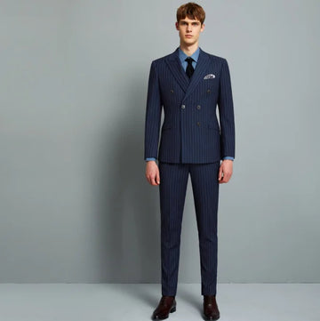 Traje clásico a rayas azul marino para hombre, traje formal de negocios para boda, cruzado, para novio, graduación, informal, ajustado, de 2 piezas, blazer y pantalón