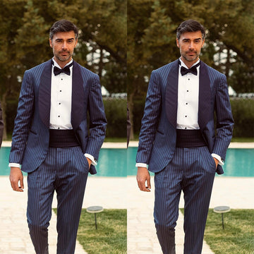 Costume homme 2 pièces blazer pantalon un bouton large revers satin rayures fines formel affaires mince formel mariage marié costume homme