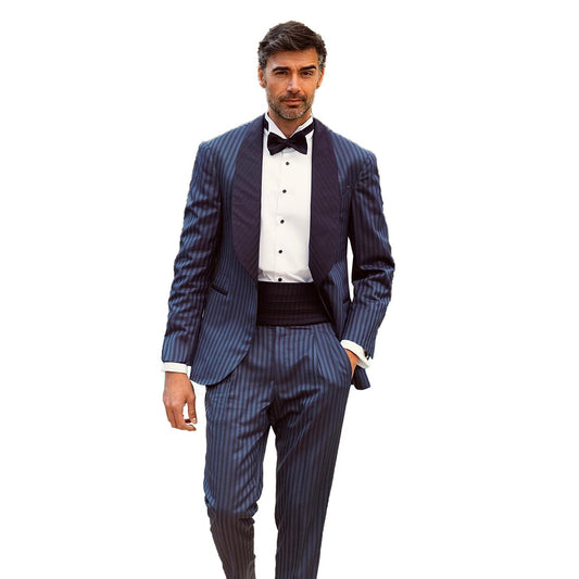 Costume homme 2 pièces blazer pantalon un bouton large revers satin rayures fines formel affaires mince formel mariage marié costume homme