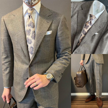 Men's Suit 2 Pieces Blazer Pants Single Breasted Peaked Lapel Business Formal Plaid Stripes Wedding Groom Tailored Costume Homme