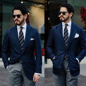 Men' s Suit 2 Pieces Navy Pinstripes Blazer Gray Pants Tuxedo Single Breasted Slim Gentle Business Modern Wedding Groom Tailored