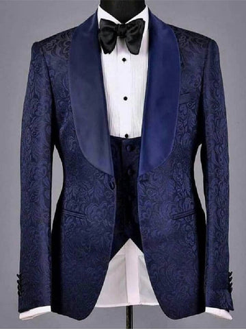 Traje de hombre de 3 piezas, blazer jacquard, chaleco, pantalón negro, un botón, solapa de satén transparente, traje de novio para boda, traje a medida para hombre