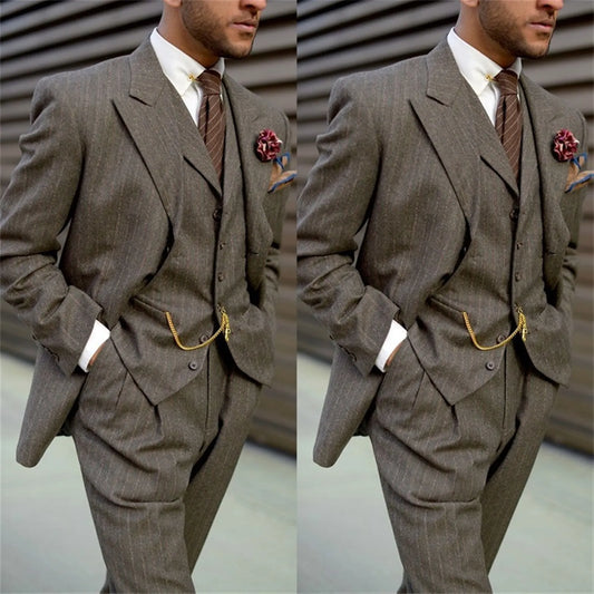 Traje de tweed para hombre, esmoquin de boda a rayas para padrinos de boda, pantalones de fiesta, conjunto de blazer, vestido de negocios, 3 piezas (chaqueta, chaleco y pantalones)