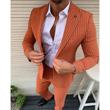 Men's Suits Slim-fit Casual Vertical Stripe Lapel Collar Blazer & Pants 2Pcs Set Men's Clothing for Business Occasions Suits Set
