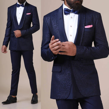 Costumes pour hommes sur mesure épissés 2 pièces bleu marine jacquard blazer pantalon un bouton satin transparent revers affaires mariage marié sur mesure