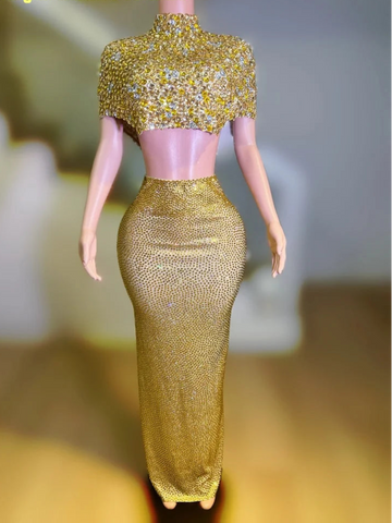 Metal Shining Diamond High Neck Tight And Sexy Split Body Hip Hugging Long Dress Party Host Nightclub Bar Performance Costume