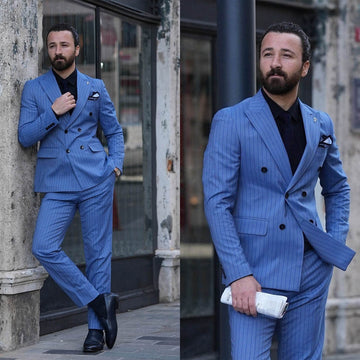 Modern Men's Suit 2 Pieces Blazer Pants Double Breasted Peaked Lapel Business Pinstripes Wedding Groom Tailored Costume Homme