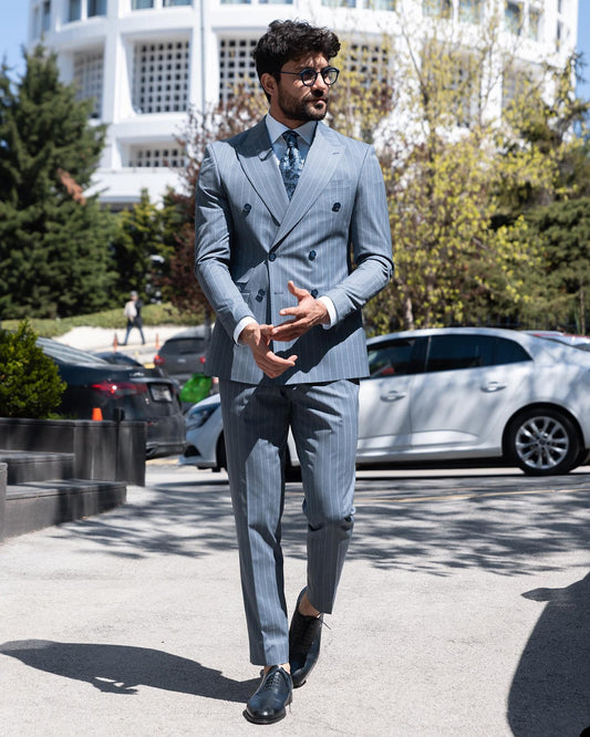 Costume homme moderne 2 pièces blazer pantalon croisé revers pointu rayures fines travail mariage marié formel costume sur mesure homme