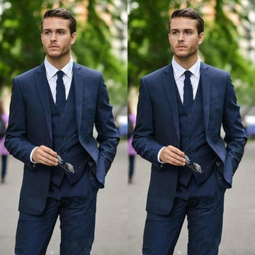 Traje azul marino para hombre, con solapa de muesca, conjunto de 3 piezas (chaqueta, pantalón y chaleco)