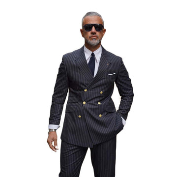 Esmoquin de boda azul marino para hombre, solapa con pico, cruzado, para negocios, formal, fiesta, chaqueta, pantalón, 2 piezas