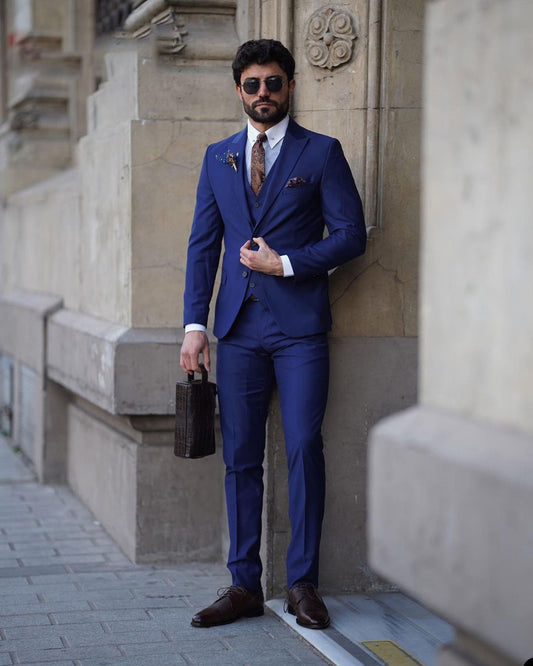 Costume 3 pièces bleu marine pour homme, blazer, gilet, pantalon, simple boutonnage, revers en pointe, coupe slim, costume sur mesure pour mariage