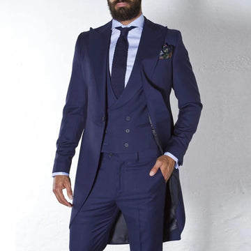 Trajes de frac azul marino para hombre, esmoquin de novio a medida para boda, blazer largo de moda para hombre, traje de 3 piezas para padrinos de boda