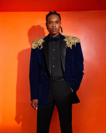Traje de boda de terciopelo azul marino para hombre, con solapa con muesca, doble botonadura, esmoquin con cuentas doradas, para novio, fiesta de negocios, 2 piezas, blazer y pantalón