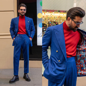 Navy Blue WoolenMen's Suit 2 Pieces Blazer Pants Single Breasted Peaked Lapel Tuxedo Business Modern Wedding Groom Costume Homme