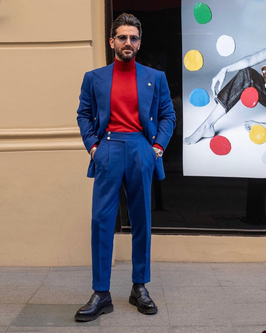 Costume 2 pièces bleu marine en laine pour homme, blazer et pantalon, simple boutonnage, revers en pointe, smoking, costume de mariage moderne pour homme