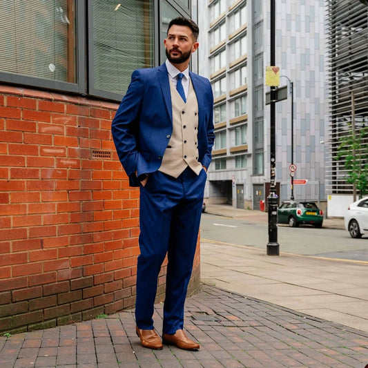 Costume 2 pièces bleu marine pour homme, blazer et pantalon, simple boutonnage, revers en pointe, motif écossais, rayures, costume de marié sur mesure pour homme