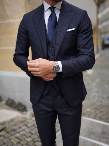Traje azul marino para hombre, 3 piezas, blazer, chaleco, pantalón, un botón, solapa de pico, esmoquin, negocios, moderno, rayas, traje de novio para boda.
