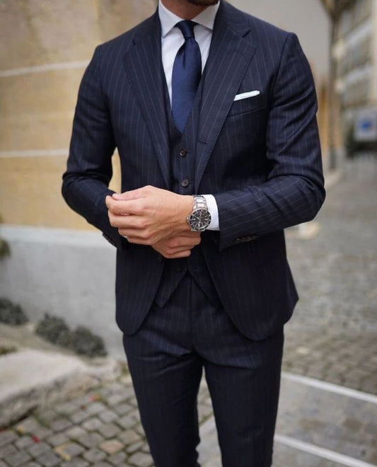 Costume 3 pièces bleu marine pour homme, blazer, gilet, pantalon, un bouton, revers pointu, smoking, affaires, moderne, rayures fines, costume de marié pour homme