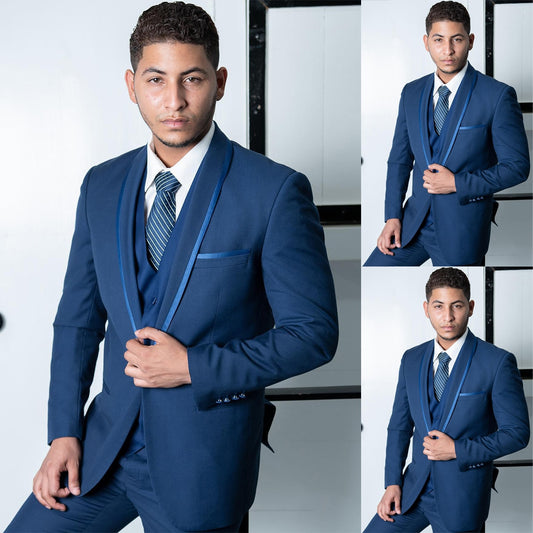 Costume 3 pièces bleu marine pour homme, blazer, gilet, pantalon, un bouton, revers transparent, coupe slim, formel, mariage, marié, sur mesure