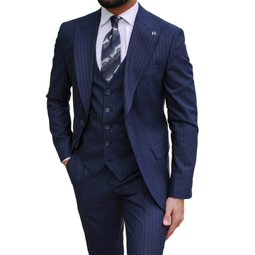 Navy Striped men Pants Suits Slim Fit Groom Wedding Prom Party Blazer Overcoat ( Jacket+Vest+Pants)