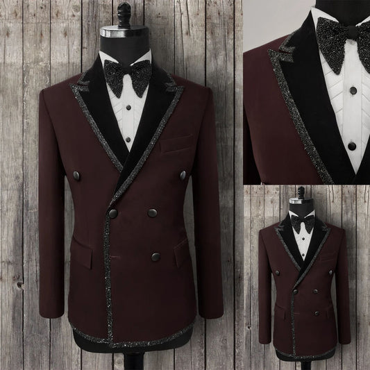Wedding Men Suit With Beads Neck One Coat Bowtie Business Formal Groom Tuxedo Party Suits