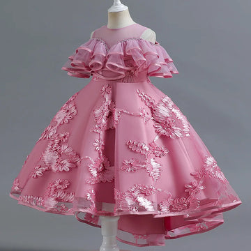 Robe de soirée rose à volants et fleurs brodées sans manches pour fille