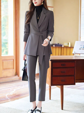 Office Lady Suit Women's Senior Blazer+Pants Sets Jacket with Belt Outfits for Party