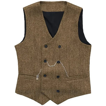 One Piece V Neck Men's Suit Vests Herringbone Wool Tweed Double Breasted Waistcoat Tuxedo Groomsmen For Wedding Groom Vest