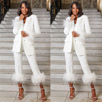 Trajes de mujer con plumas de avestruz, blazer y pantalón, un botón, solapa con pico, color liso, vestido formal de noche para graduación, conjunto de trajes a medida