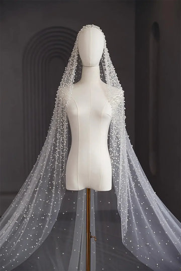Voile de mariée luxueux orné de perles blanc ivoire – Longueurs : 3 m, 4 m, 5 m, accessoire de mariage élégant avec peigne offert