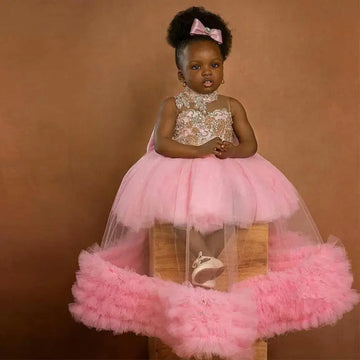 Robe bébé en tulle brodé de dentelle rose avec bandeau à nœud