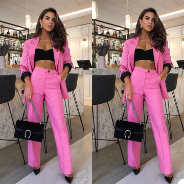 Ensemble 2 pièces rose décontracté avec blazer à revers cranté et sur mesure