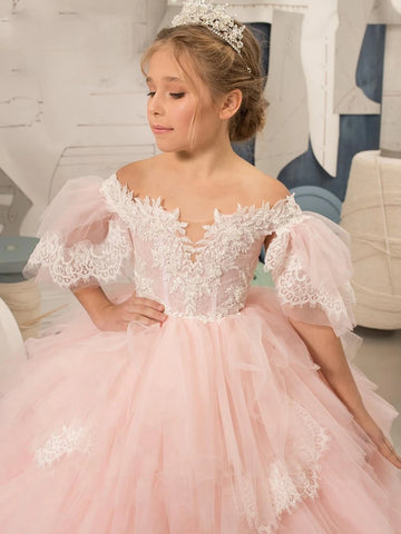 Vestido de princesa con hombros descubiertos, encaje rosa para niñas, mangas abullonadas y tiara