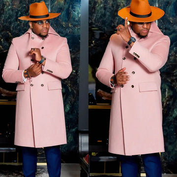 Manteau long en tweed rose pour homme, veste croisée à revers pointus, blazer une pièce, tenue de soirée, de bal, de mariage