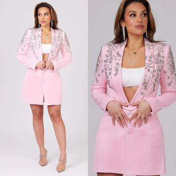 Pink Women Dress Long Blazer Suit Overcoat Jacket Formal Prom Single Breasted Lady Work Wear Gown