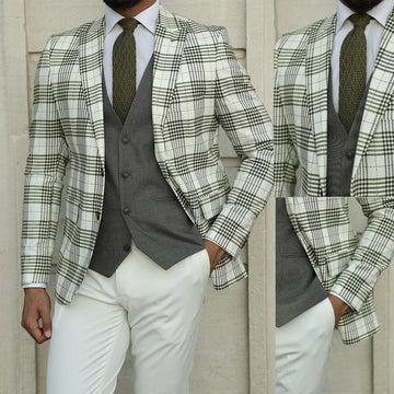 Esmoquin de boda a cuadros para hombre, corte entallado, solapa de pico, para novio, traje de oficina, traje de 3 piezas, chaqueta, pantalón y chaleco.