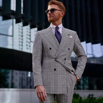 Costume homme 2 pièces à carreaux, blazer, pantalon, smoking, croisé, rayures, gris, revers larges, travail, mariage, marié, sur mesure